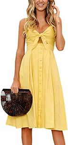 ECOWISH Women 2023 Summer Dresses Tie Front V-Neck Spaghetti Strap Button Down A-Line Backless Swing Midi Dress Yellow L