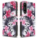 PIXFAB For Sony Xperia 1 III Leather Phone Case, Magnetic Closure Full Protection Book Folio Design, Wallet Case Cover [Card Slots] and [Kickstand] For Sony Xperia 1 III - Pink Flower