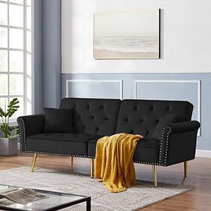Tufted Velvet Sofa Bed Sleeper with 2 Pillows, Luxury Loveseat Couch, Splitback Futon for Living Room & Office, Convertible Futon with Vintage Nailhead Trim and Metal Legs (Black)