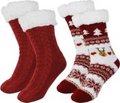 BenSorts Womens Christmas Slipper Socks with Grippers Winter Warm House Indoor Lining Fuzzy House Cozy Socks Holiday Gift for Wife Friends Mom Christmas Red Red 2 Pairs