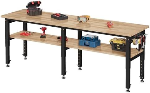 SPECRAFT 96"x24" 2-Tier Adjustable Workbench with 4 AC Outlet and 2 USB Ports Power Outlets, 6000 Lbs Capacity Heavy Duty Workbench, Rubber Wood Top for Garage, Workshop, Office