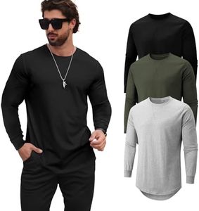 Mancozy Men's 3 Pack Cotton Hipster Hip Hop Longline Crewneck Long-Sleeved T-Shirt, Long-Sleeve Gym Workout Athletic T Shirts for Men Pack Small