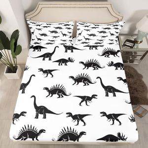 Dinosaur Fitted Sheet Deep Pocket Dino Silhouettes Evolution Bedding Set Wildlife Animals Black White Bed Sheets for Kids Teens Boys 1 Fitted Sheet with 2 Pillow Cases Queen Size(No Top Sheets)