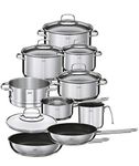 Rösle Elegance - Stainless Steel 14-Piece Cookware Set - 4 Stockpots, 2 Non-Stick Pans, 1 Saucepan, 1 Milk Pot, 1 Steamer and 5 Glass Lids