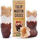 Tulip Cupcake Cases, 150 Pcs – White, Beige and Brown, Disposable Muffin Liners for Baking – Paper Wrappers for Home, Wedding, Events, Kids' Parties – Easy to Remove by Baker's Signature