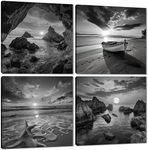 Black and White Canvas Wall Art - Beauty Sunset and Sunrise Beach Seascape Decoration Painting 4 Pieces sea Ocean Scenery 12x12 inches Framed Print Poster For Home Office Decorative Ready to Hang