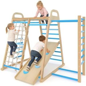 Festisoul 7 in 1 Wooden Indoor Jungle Gym for Toddlers, Kids Climbing Frame with Reversible Slide and Ramp, FSC Wooden Playground with Swing, Monkey Bars & Rope Net, Sturdy Play Structure