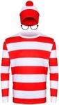 PARTYEVER Adult Men Halloween Red and White Striped Long Sleeve Tee Shirt Glasses Hat Outfit Suit Set Funny Cosplay Sweatshirt Costume (Large)