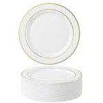 MATANA 200 Premium White Plastic Dinner Plates with Gold Rim, 26cm / 10 Inch - Elegant & Reusable Party Plates for Weddings, Birthdays, Picnic, BBQ, Parties
