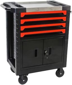 4 Drawers Multifunctional Tool Cart with Wheels, Rolling Tool Chest Storage with Lockable Drawers & Door Cabinet Cart for Warehouse, Garage, Workshop-Red and Black