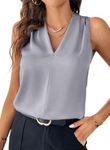 EVALESS Sleeveless Work Tops for Women Dressy Casual 2025 Summer Pleated V Neck Basic Tank Top Gray S