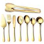 Gold Serving Utensils, OGORI 8-Piece Polished Stainless Steel Flatware Silverware Set Include Serving Spoon, Slotted Spoon, Serving Tong, Cake Server, Soup Ladle, Fork, Salad Fork, Butter Knife