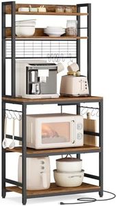 VASAGLE Hutch Bakers Rack with Power Outlet, 14 Hooks Microwave Stand, Adjustable Coffee Bar with Metal Wire Panel, Kitchen Storage Shelf, 15.7 x 23.6 x 66.9 Inches, Rustic Brown and Black UKKS037B01