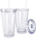 Maars Classic Acrylic Tumbler with Lid and Straw | 16oz Premium Insulated Iced Coffee Cups, Double Wall Reusable Plastic Cups - Clear, 2 Pack