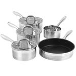 Salter BW06746 Timeless 5 Piece Pan Set - Induction Hob Cooking Pots, Stainless Steel Cookware, 16, 18, 20 cm Saucepans, Milk Pan And 24cm Frying Pan, Includes Tempered Glass Lids, Easy Grip Handles