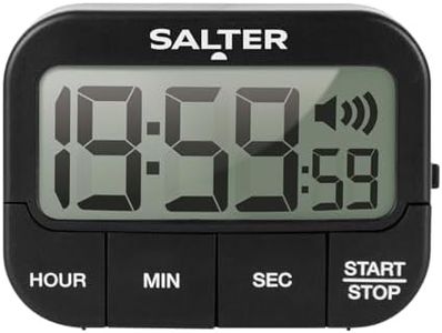 Salter 355 BKXCDU Digital Kitchen Timer - LCD Display, Loud Clock Timer, Magnetic Cooking Stopwatch, Self Standing, Count Up Or Down,19 Hours 59 Minutes and 59 Seconds, Memory Function, Large Buttons