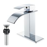 VOTON Chrome Bathroom Faucets Waterfall Bathroom Sink Faucet Modern Single Handle Bathroom Faucet for 1 or 3 Holes with Deck Plate and Pop-Up Drain, Rv Sink Camper Farmhouse Bathroom Faucet