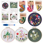 KUUQA 7 Pcs Embroidery Starter Kit with Pattern and Instructions Cross Stitch Kit Including 4Pcs Embroidery Clothes with Floral Pattern, 2 Pcs Plastic Embroidery Hoops, Color Threads Needle Kit