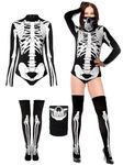 Jiuguva 4 Pcs Women's Skeleton Bodysuit Halloween Costume Adult Tight Skeleton Swimsuit with Long Socks Skull Face Mask (Small)