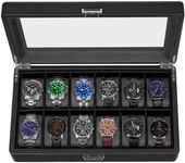 BEWISHOME Watch Box Organizer, 12 Watch Case for Men Luxury Watch Display Case with Large Glass Window, Faux Leather, Black SSH08L