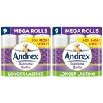 Andrex Supreme Quilts Mega Toilet Roll - 9 Mega Rolls (13.5 Standard), 3-ply, 25% Thicker Paper Than Before to Provide Ultimate Quilted Comfort (Pack of 2)