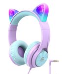 iClever Kids Headphones for Girls Gift Over Ear Headphones, Wired Cat Ear Led Light Up Children Headphones,94dB Volume Limited Foldable Earphones for Kids School, Travel, Music