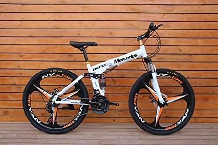 Sunspeed 26 Inch Folding Mountain Bike White Orange for Men & Women | 21 Speed Gear Cycle | Dual Disc Brakes | Front & Rear Suspension | Magnesium Alloy Wheels | Foldable Bicycle for Adults