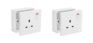 SHP Electrical® 13A Single One Gang Switched Socket & Premium Single Surface Mount 25mm Pattress Box 1 Gang Set Electrical Switch - Concealing Screw Caps Included (2)