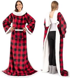PAVILIA Deluxe Sherpa Fleece Blanket with Sleeves for Women Men Adult, Wearable Blanket Warm Cozy, Super Soft Thick Sleeved Throw with Arms Pocket, Gift for Women Mom Wife (Checker Red)