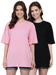 FUNDAY FASHION Cotton Half Sleeve Printed Oversized T-Shirt for Womens/Girls (Pack of 2) (X-Large, Black & Pink)