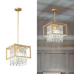 LMQNINE 4-Light Dining Room Light Fixture 11.81 inch Square Lndustrial Farmhouse Chandelier Gold Metal Crystal Pendant Light for Kitchen Island Dining Room Living Room Flat and Inclined Ceiling