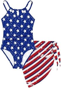 KANGKANG Girls 4th of July Swimsuit, Girls Swimsuits Size 10-12 Quick Dry Cut Out One Piece Bathing Suit with Tropical Print Cover Up Skirt Teen Bathing Suits Set