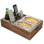 MyGift Rustic Whitewashed Wood Sofa Couch Snacks Caddy Serving Crate Tray w/ 2 Cup Holders and 3 Remote Control Slots