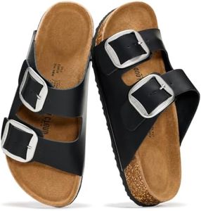 Project Cloud Genuine Leather Flat Sandals for Women 2026 Comfortable Beach Essentials Womens Sandals Memory Foam Vacation Essentials Slides for Women Footwear (Santorini, BLKOILLEA,7W)