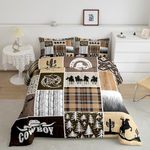 Manfei Western Cowboy Kids Comforter Set Twin Size, Horseshoes Cactus Arrow Plaids Patchwork Bedding Set, Adults Room Decor, Rustic Farmhouse Down Comforter, Brown Retro Duvet Insert, 1 Pillowcase