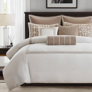 Madison Park Signature Oversized King Comforter Set, Luxury Hotel Style Bedding with Embroidered Details, All Season Down Alternative Comforter, Matching Shams & Decorative Pillows, Ivory/Tan, 9 Piece