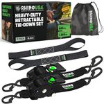 Rhino USA Retractable Ratchet Straps (2-Pack) - 5cm x 3m (1,360kg Break Strength) - Heavy Duty Auto Self-Retracting Tie Down Straps for Truck, Cargo Trailer, Motorcycle, Bike & More - Black