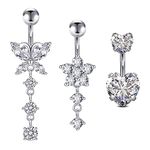 Crdifu 3pcs Short Belly Bars 6mm Small Silver Navel Button Rings Surgical Steel Heart Butterfly Flower Dangle Piercing Jewellery