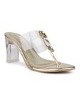 Inc.5 Women Gold T-Strape Transparent Embellished Party Block Heels