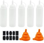 5 Pcs Squeeze Condiment Bottles, Reusable Plastic Sauce Seasoning Bottles Dispensers, 8 oz Squeezy Squirt Bottles for Ketchup Mustard Hot Sauces Oil with Funnel, Sticker Lable - White(250ml)