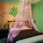 Eimilaly Lace Bed Canopy Mosquito Netting with Warm Lights, Princess Bed Canopy for Girls Room Decor, Purple/Single Door