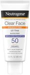 Neutrogena Clear Face Liquid Lotion Sunscreen for Acne-Prone Skin, Broad Spectrum SPF 50 UVA/UVB Protection, Fragrance & Oxybenzone Free Facial, Non-Comedogenic, Unscented, 3 Fl Oz