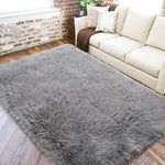 LOCHAS Soft Fluffy Grey Faux Fur Rugs for Bedroom Bedside Rug 3x5 Feet, Washable, Furry Sheepskin Area Rug for Living Room Girls Room, Luxury Shag Carpet Home Decor