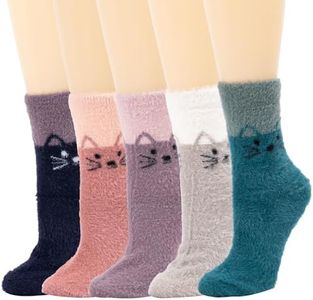 5 Pairs Fuzzy Cat Socks for Women,Cute Cotton Socks for Christmas Gifts,Soft and Warm Cozy Comfort Thick Winter Socks (Cat-Fuzzy)