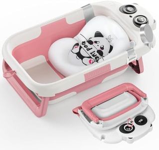 Collapsible Baby Bathtub for Infants to Toddler, Baby Folding Bathtub with Thermometer & Soft Floating Cushion, No-Slip Hanging Portable Bathtub (Pink)