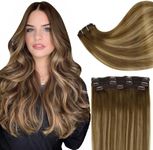 Full Shine Clip in Hair Extensions Human Hair 16Inch Lace Clip in Human Hair Ombre Brown Fading to Blonde Highlight Double Weft Straight Hair Extensions for Women 60Grams 3Pcs