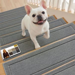Non-Slip Stair Treads for Wooden Steps Indoor, 15 Pack 8" X 30" Edging Stair Rugs with TPE Backing, 0.4" Thick Carpet Stair Treads for Kids Elders & Pets, 100% Polyester Soft Stair Runners, Light Grey