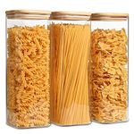 ComSaf Glass Spaghetti Pasta Storage Containers with Lids 71oz Set of 3, Tall Clear Airtight Food Storage Jar with Bamboo Lid for Noodles Flour Cereal Sugar Beans, Sqaure Spaghetti Pantry Container