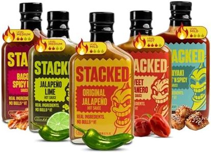 Stacked Hot Sauce Variety Pack - Original Jalapeño, Sweet Habanero, Jalapeño Lime, Bacon Spicy BBQ, and Teriyaki - Pack of 5, 6.7 fl oz Each - Real Ingredients, No Bull - Mild to Hot Heat Levels