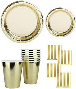 Oojami Gold Party Plates, Cups & Napkins Set for 50 – Disposable Dinnerware, 12oz Cups, 3-Ply Napkins, Paper Plates – Birthday, Football, Super Bowl, Graduation, Tailgate